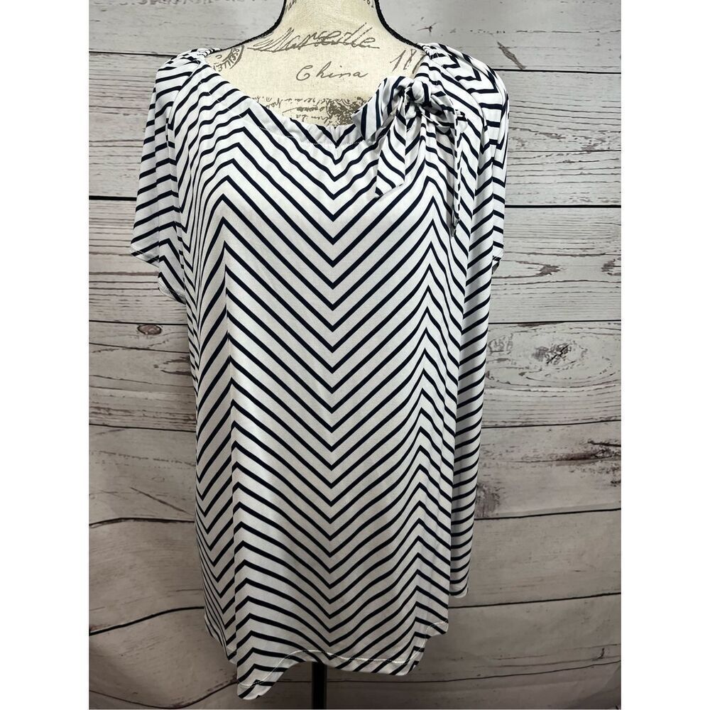 Liz McCoy Woman Black White Chevron Side Tie Bow Blouse Top 3X 110459XA